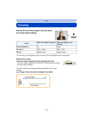 Page 30- 30 -
Basic
Focusing
Aim the AF area at the subject, and then press 
the shutter button halfway.
•The AF area may be displayed larger for certain zoom magnifications and in dark places.
∫About focus range
The focus range is displayed when operating the zoom.
•
The focus range is displayed in red when it is not focused after pressing 
the shutter button halfway.
The focus range may change gradually depending on the zoom 
position.
e.g.: Range of focus during the Intelligent Auto Mode
FocusWhen the...