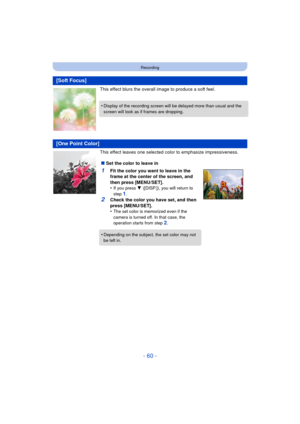Page 60- 60 -
Recording
This effect blurs the overall image to produce a soft feel.
This effect leaves one selected color to emphasize impressiveness.
[Soft Focus]
•Display of the recording screen will be delayed more than usual and the 
screen will look as if frames are dropping.
[One Point Color]
∫Set the color to leave in
1Fit the color you want to leave in the 
frame at the center of the screen, and 
then press [MENU/SET].
•
If you press  4 ([DISP.]), you will return to 
step 
1.
2Check the color you have...