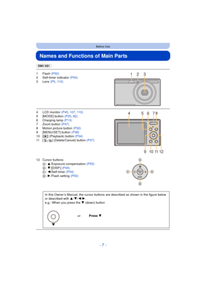 Page 7- 7 -
Before Use
Names and Functions of Main Parts
(DMC-XS1)
1Flash (P50)
2 Self-timer indicator  (P54)
3 Lens  (P5, 110)
4 LCD monitor  (P45, 107 , 110)
5 [MODE] button  (P25, 82)
6 Charging lamp (P13)
7 Zoom button (P47)
8 Motion picture button  (P32)
9 [MENU/SET] button (P38)
10 [ (] (Playback) button  (P34)
11 [ ] (Delete/Cancel) button (P37)
12 Cursor buttons A: 3/Exposure compensation  (P55)
B : 4/[DISP.]  (P45)
C : 2/Self-timer  (P54)
D : 1/Flash setting  (P50)
In this Owner’s Manual, the cursor...