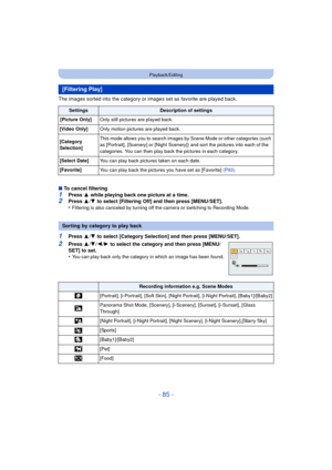 Page 85- 85 -
Playback/Editing
The images sorted into the category or images set as favorite are played back.
∫To cancel filtering
1Press  3 while playing back one picture at a time.2Press  3/4  to select [Filtering Off] and then press [MENU/SET].
•Filtering is also canceled by turning off the camera or switching to Recording Mode.
1Press  3/4  to select [Category Selection] and then press [MENU/SET].
2Press  3/4 /2/ 1 to select the category and then press [MENU/
SET] to set.
•
You can play back only the...