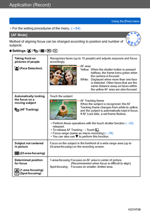 Page 119Application (Record)
Using the [Rec] menuVQT4T08
- 119 -
 • For the setting procedures of the menu.  (→54)
[AF Mode]
Method of aligning focus can be changed according to position and number of 
subjects.
 ■Settings:  /  /  /  / 
Taking front-on 
pictures of people
 (Face Detection) Recognizes faces (up to 15 people) and adjusts exposure and focus 
accordingly.AF area
Yellow:    When the shutter button is pressed 
halfway, the frame turns green when 
the camera is focused.
White:
     Displayed when more...