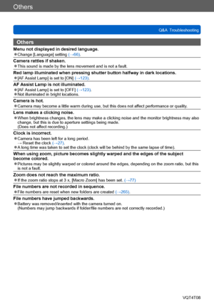 Page 291Others
Q&A  TroubleshootingVQT4T08
- 291 -
Others
Menu not displayed in desired language. ●Change [Language] setting  (→66).
Camera rattles if shaken. ●This sound is made by the lens movement and is not a fault.
Red lamp illuminated when pressing shutter button halfway in dark locations. ●[AF Assist Lamp] is set to [ON]  (→123).
AF Assist Lamp is not illuminated. ●[AF Assist Lamp] is set to [OFF]  (→123). ●Not illuminated in bright locations.
Camera is hot. ●Camera may become a little warm during use,...