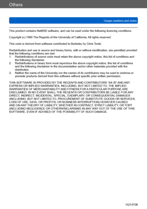 Page 308Others
Usage cautions and notesVQT4T08
- 308 -
This product contains NetBSD software, and can be used under the following licencing conditions.
Copyright (c) 1990 The Regents of the University of California. All rights reserved.
This code is derived from software contributed to Berkeley by Chris  Torek.
Redistribution and use in source and binary forms, with or without modification, are permitted provided 
that the following conditions are met:
1.
     

 
Redistributions of source code must retain the...