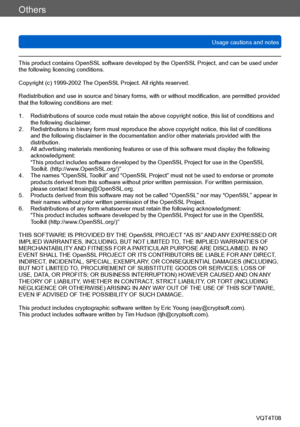 Page 309Others
Usage cautions and notesVQT4T08
- 309 -
This product contains OpenSSL software developed by the OpenSSL Project, and can be used under 
the following licencing conditions.
Copyright (c) 1999-2002 The OpenSSL Project. All rights reserved.
Redistribution and use in source and binary forms, with or without modification, are permitted provided 
that the following conditions are met:
1.
     
 
Redistributions of source code must retain the above copyright notice, this list o
 f conditions and 
the...