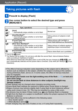 Page 74Application (Record)
Taking pictures with flash
VQT4T08- 74 -
Press  to display [Flash]
Use cursor button to select the desired type and press  
[MENU/SET]
Type, operationsUses
*1[Auto] • Automatically judges whether or not to flashNormal use
[Auto/Red-Eye]*2
 • Automatically judges whether or not to flash 
(reduce red-eye) Taking pictures of subjects in dark 
places
[Forced Flash On] • Always flash
Taking pictures with backlight or 
under bright lighting (e.g. fluorescent)[Slow Sync./Red-Eye]*2
 •...