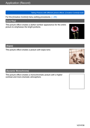 Page 87Application (Record)
Taking Pictures with different picture effects  [Creative Control] modeVQT4T08
- 87 -
For the [Creative Control] menu setting procedures. (→85)
[Low Key]
This picture effect creates a darker somber appearance for the entire 
picture to emphasize the bright portions.
[Sepia]
This picture effect creates a picture with sepia tone.
[Dynamic Monochrome]
This picture effect creates a monochromatic picture with a higher 
contrast and more dramatic atmosphere.    