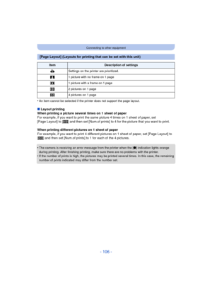 Page 106- 106 -
Connecting to other equipment
•An item cannot be selected if the printer does not support the page layout.
∫Layout printing
When printing a picture several times on 1 sheet of paper
For example, if you want to print the same picture 4 times on 1 sheet of paper, set 
[Page Layout] to [ ä] and then set [Num.of prints] to 4 for the picture that you want to print.
When printing different pictures on 1 sheet of paper
For example, if you want to print 4 different  pictures on 1 sheet of paper, set...
