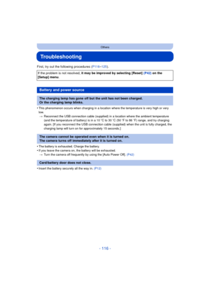 Page 116- 116 -
Others
Troubleshooting
First, try out the following procedures (P116–125).
•
This phenomenon occurs when charging in a location where the temperature is very high or very 
low. > Reconnect the USB connection cable (supplied) in a location where the ambient temperature 
(and the temperature of battery) is in a 10 oC to 30 oC (50 o F to 86  oF)  range, and try charging 
again. [If you reconnect the USB connection cable (supplied) when the unit is fully charged, the 
charging lamp will turn on for...