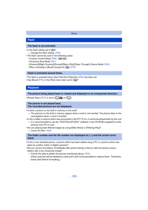 Page 120- 120 -
Others
•Is the flash setting set to [Œ]?
> Change the flash setting.  (P50)
•The flash cannot be used in the following cases:–Creative Control Mode (P56) (DMC-XS1)
–Panorama Shot Mode  (P61)–[Scenery]/[Night Scenery]/[Sunset]/[Starry Sky]/[Glass Through] (Scene Mode)  (P64)–When recording in [Burst] (except for [ ]) (P76)
•The flash is activated twice when Red-Eye Reduction (P50) has been set.•Has [Burst] (P76) in the [Rec] menu been set to [ ]?
•[Rotate Disp.]  (P43) is set to [ ] or [ ].
•Is...