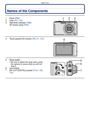 Page 6Before Use
- 6 -
Names of the Components
1Flash (P66)
2 Lens  (P4, 11 6 )
3 Self-timer indicator  (P69)
AF Assist Lamp  (P82)
4 Touch panel/LCD monitor  (P8, 41,  112)
5 Strap eyelet
•Be sure to attach the strap when using 
the camera to ensure that you will not 
drop it.
6 Lens barrel
7 [AV OUT/DIGITAL] socket  (P101, 105 , 
110)
123
4
6
7
5
Downloaded From camera-usermanual.com Panasonic Manuals 