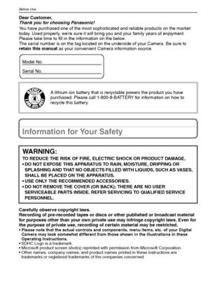 Page 2VQT1M592
Before UseBefore UseDear Customer,
Thank you for choosing Panasonic!
You have purchased one of the most sophisticated and reliable products on the market 
today. Used properly, we’re sure it will bring you and your family years of enjoyment. 
Please take time to fill in the information on the below.
The serial number is on the tag located on the underside of your Camera. Be sure to 
retain this manual as your convenient Camera information source.
Information for Your Safety
Carefully observe...