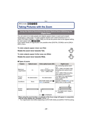 Page 39- 39 -
Basic
[REC] mode: ñ· ¿n 
Taking Pictures with the Zoom
You can zoom-in to make people and objects appear closer or zoom-out to record 
landscapes in wide angle. To make subjects appear even closer [maximum of 7.1k 
(DMC-FS7/DMC-FS8)/6.4k (DMC-FS6)], do not set the picture size to the highest setting 
for each aspect ratio (X/Y/W).
Even higher levels of magnification are possible when [DIGITAL ZOOM] is set to [ON] in 
[REC] menu.
∫Types of zooms
• When using the zoom function, an estimate of the...