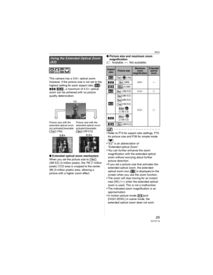 Page 29Basic
29VQT0Y19
This camera has a 3.6M optical zoom. 
However, if the picture size is not set to the 
highest setting for each aspect ratio [ /
/ ], a maximum of 5.5M optical 
zoom can be achieved with no picture 
quality deterioration.
wExtended optical zoom mechanism
When you set the picture size to [ ] 
(3M EZ) (3 million pixels), the 7M (7 million 
pixels) CCD area is cropped to the center 
3M (3 million pixels) area, allowing a 
picture with a higher zoom effect.wPicture size and maximum zoom...