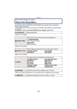 Page 26Preparation
- 26 -
Perform these settings if you need to.
About the Setup Menu
[CLOCK SET], [AUTO REVIEW] and [ECONOMY] are important items. Check their 
settings before using them.
•
In the Intelligent auto mode, only [CLOCK SET], [WORLD TIME], [BEEP] and [LANGUAGE] 
can be set.
For details on how to select the [SETUP] menu settings, refer to P23.
•
Refer to P20 for details.
•Refer to P93 for details.
•Refer to P90 for details.
•When you connect the camera to a TV, the volume of the TV speakers does not...