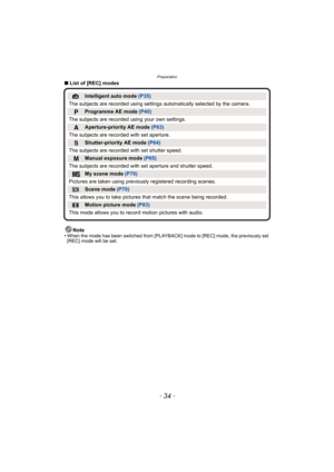 Page 34Preparation
- 34 -
∫List of [REC] modes
Note
•
When the mode has been switched from [PLAYBACK] mode to [REC] mode, the previously set 
[REC] mode will be set.
¦ Intelligent auto mode (P35)
The subjects are recorded using settings automatically selected by the camera.
 »Programme AE mode (P40)
The subjects are recorded using your own settings.
 ¹Aperture-priority AE mode (P63)
The subjects are recorded with set aperture.
 ¼Shutter-priority AE mode (P64)
The subjects are recorded with set shutter speed....