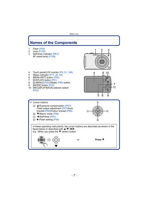 Page 7- 7 -
Before Use
Names of the Components
1Flash (P54)
2 Lens (P152)
3 Self-timer indicator (P61)/
AF assist lamp (P109)
4 Touch panel/LCD monitor (P9, 51, 148)
5 Status indicator (P17, 29, 35)
6 [MENU/SET] button (P20)
7 [DISPLAY] button (P51)
8 [Q.MENU] (P25)/Delete (P49) button
9 [MODE] button (P33)
10 [REC]/[PLAYBACK] selector switch 
(P22)
11 Cursor buttons
A:3/Exposure compensation (P67)/
Flash output adjustment (P57)/Auto 
bracket (P68)/Colour bracket (P69)
B: 4/Macro mode (P59)
C: 2/Self-timer...