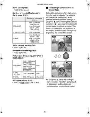 Page 30Downloaded from www.Manualslib.com manuals search engine Recording pictures (basic)
30
Burst speed (P39): 
 Fixed to low speed.
Number of recordable pictures in 
Burst mode (P39): 
White balance setting (P51):
 Fixed to [AUTO].
ISO sensitivity setting (P53):
 Fixed to [AUTO].
Picture size (P53) and quality (P54) in 
[PICT.MODE]
AF trigger setting (P55):
 Fixed to [ ] (SHUTTER).ªThe Backlight Compensation in 
Simple Mode
Backlight is a situation where light comes 
from the back of subjects. The...
