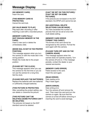 Page 95Downloaded from www.Manualslib.com manuals search engine Others
95
Message Display
[NO MEMORY CARD]
Insert the card.
[THIS MEMORY CARD IS 
PROTECTED]
Cancel the card lock.
[NO VALID IMAGE TO PLAY]
Play back after recording or after 
inserting a card with a recorded picture.
[MEMORY CARD FULL] /
[NOT ENOUGH MEMORY IN THE 
CARD]
Insert a new card or delete the 
unnecessary data.
[MODE DIAL IS NOT IN THE PROPER 
POSITION]
This message appears when you turn 
the camera on with the mode dial in the 
wrong...