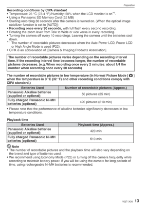 Page 13Preparation
13VQT1X05
Recording conditions by CIPA standard
•  Temperature: 23 °C (73.4 °F)/Humidity: 50% when the LCD monitor is on