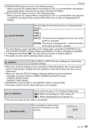Page 23Preparation
23VQT1X05
•  [POWER SAVE] does not work in the following cases.– When using the AC adaptor/When connecting to a PC or a printer/When recording or playing back motion pictures/During slide show/[AUTO DEMO]
•  [AUTO LCD OFF] does not work in the following cases. – When using the AC adaptor/When connecting to a PC or a printer/While the self-timer is set/While recording motion pictures/While the menu screen is displayed/[AUTO 
DEMO]
s  [AUTO REVIEW] Set the length of time that the picture is...