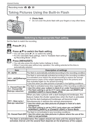 Page 36Advanced-Shooting
36VQT1X05
Taking Pictures Using the Built-in Flash
Recording mode: 4
 1
 5
 
A Photo 
ﬂ ash•  Do not cover the photo ﬂ  ash with your ﬁ ngers or any other items.
Switching to the appropriate ﬂ  ash setting
Set the ﬂ ash to match the recording.
1 Press 
q [t
].
2 Press  e/
r  to switch the ﬂ
 ash setting.•  You can also press 
q [t
] to switch the setting.
•  For the selectable ﬂ  ash settings, refer to “Available ﬂ  ash settings 
by Recording Mode”. (P37)
3 Press [MENU/SET].•  You can...