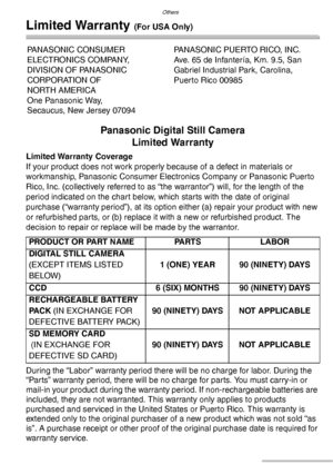 Page 128Others
128VQT0S19
Limited Warranty (For USA Only)
Panasonic Digital Still Camera
Limited Warranty
Limited Warranty Coverage
If your product does not work properly because of a defect in materials or 
workmanship, Panasonic Consumer Electronics Company or Panasonic Puerto 
Rico, Inc. (collectively referred to as “the warrantor”) will, for the length of the 
period indicated on the chart below, which starts with the date of original 
purchase (“warranty period”), at its option either (a) repair your...