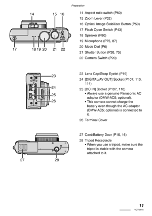 Page 11Preparation
11VQT0Y44
14 Aspect ratio switch (P60)
15 Zoom Lever (P32)
16 Optical Image Stabilizer Button (P50)
17 Flash Open Switch (P43)
18 Speaker (P80)
19 Microphone (P75, 87)
20 Mode Dial (P6)
21 Shutter Button (P26, 75)
22 Camera Switch (P20)
23 Lens Cap/Strap Eyelet (P19)
24 [DIGITAL/AV OUT] Socket (P107, 110, 
114)
25 [DC IN] Socket (P107, 110)
• Always use a genuine Panasonic AC 
adaptor (DMW-AC5; optional).
• This camera cannot charge the 
battery even though the AC adaptor 
(DMW-AC5; optional)...