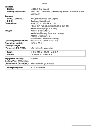 Page 134Others
134VQT0Y44
Interface
Digital:USB 2.0 (Full Speed)
Analog video/audio:NTSC/PAL Composite (Switched by menu), Audio line output 
(monaural)
Te r m i n a l
AV OUT/DIGITAL:AV/USB Dedicated jack (8 pin)
DC IN:Dedicated jack (2 pin)
Dimensions:4 1/8″(W) × 2 1/4″(H) × 1″(D)
(105.7 mm (W)×55.8 mm (H)×26.3 mm (D))
(excluding the projection part)
Weight:Approx. 6.60 oz/187 g
(excluding Memory Card and battery)
Approx. 7.65 oz/217 g 
(with Memory Card and battery)
Operating Temperature:0 °C to 40 °C (32 °F...