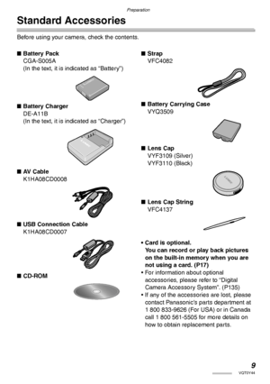 Page 99VQT0Y44
Preparation
Standard Accessories
Before using your camera, check the contents.
nBattery Pack
CGA-S005A
(In the text, it is indicated as “Battery”)
nBattery Charger
DE-A11B
(In the text, it is indicated as “Charger”)
nAV  C a b l e
K1HA08CD0008
nUSB Connection Cable
K1HA08CD0007
nCD-ROMnStrap
VFC4082
nBattery Carrying Case
VYQ3509
nLens Cap
VYF3109 (Silver)
VYF3110 (Black)
nLens Cap String
VFC4137
• Card is optional.
You can record or play back pictures 
on the built-in memory when you are 
not...