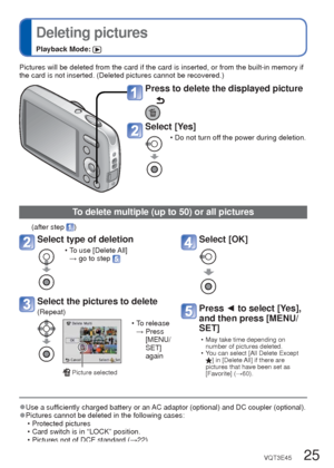 Page 2524   VQT3E45VQT3E45   25
 
Viewing as list 
(Multi Playback/Calendar Playback)
Playback Mode: 
 
Deleting pictures
Playback Mode: 
You can view 12 (or 30) pictures at once (Multi Playback), or view al\
l pictures taken on a 
certain date (Calendar Playback).
 
■To restore
Press the T side of the 
zoom button
 
■To change from 
12/30-screen 
display to single-
screen display
Select picture with 
▲▼◄►  and press 
[MENU/SET]
 
●Only months when pictures were taken are shown on the calendar screen. P\...