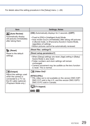 Page 2928   VQT3E45VQT3E45   29
 
Using the [Setup] menu
For details about the setting procedure in the [Setup] menu. (
→26)
ItemSettings, Notes
 [Clock Set]
(→16) Set time, date, and display format.
[World Time]
Set the local time at 
travel destination. ( →45) [Destination]:  Set the local time at travel destination.
 [Home]: Set date and time at home area.
[Beep]
Adjust volume of beep 
sounds.// : Low/High/Mute
 [Volume]
Adjust volume of sound 
from speakers (7 levels). [0] / [1] / [2] / [3] / [4] / [5] /...