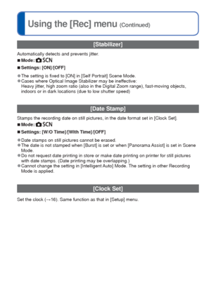 Page 5252   VQT3E45VQT3E45   53
 
Different playback methods
 (Playback Mode)
Playback Mode: 
Using the [Rec] menu (Continued)
Recorded pictures can be played back in a variety of ways.
 
■[Normal Play]
(→22)
 
■[Slide Show]
(→54)
 
■[Filtering Play]
(→55)
 
■[Calendar]
(→55)
 
●When no card is inserted, pictures are played back from the built-in mem\
ory. 
●After you switch from Recording Mode to Playback Mode, the Playback Mode\
 
automatically becomes [Normal Play]. 
Press the Playback button
Display the...