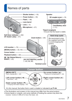 Page 76   VQT3E45VQT3E45   7
 
Names of parts
Standard Accessories
 Cursor button
Check that all the accessories are supplied before using the camera. 
●The accessories and their shape will differ depending on the country or area where the 
camera was purchased.
For details on the accessories, refer to Basic Owner’s Manual.
 
●Battery Pack is indicated as battery pack or battery in the text. 
●Battery Charger is indicated as battery charger or charger in the text. 
●Please dispose of all packaging...