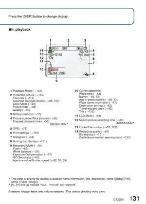 Page 131130   VQT3G90VQT3G90   131
Press the [DISP.] button to change display. 
List of LCD monitor displays
 
■In recording 
■In playback
 • The order of priority for display is location name information, title, d\
estination, name ([Baby]/[Pet]), 
name ([Face Recog.]).
∗   [h], [m] and [s] indicate “hour”, “minute” and “second”\
.
Screens shown here are only examples. The actual display may vary.
1 Recording Mode ( →20)
2 Recording quality ( →97)
Picture Size (→85)
Quality (→86)
Flash (→52)
Optical Image...