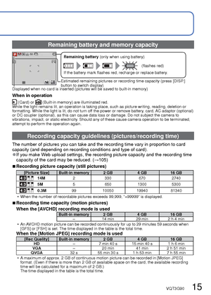 Page 1514   VQT3G90VQT3G90   15
Inserting and removing the card (optional)/
the battery
 (Continued)
 Picture save destination (cards and built-in memory)
 
■
Built-in memory (approx. 18 MB)
 
●Pictures may be copied between cards and the built-in memory. ( →115) 
●The access time for the built-in memory may be longer than the access ti\
me for a card.
 
■Compatible memory cards (optional)
The following SD standard-based cards (Panasonic brand recommended)
Type of Card Capacity Notes
SD Memory Cards 8 MB – 2 GB...
