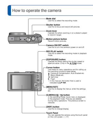 Page 1616   VQT3G90VQT3G90   17
 
How to operate the camera
Mode dialUse this to select the recording mode.
Shutter buttonUse this to focus and record still pictures.
Zoom leverOperate this when zooming in on a distant subject 
to record it larger.
Motion picture buttonRecord motion pictures.
Camera ON/OFF switchUse this to turn the camera’s power on and off.
REC/PLAY switchUse this to select the recording mode or playback 
mode.
[EXPOSURE] buttonOperate this when setting the shutter speed or 
aperture value....