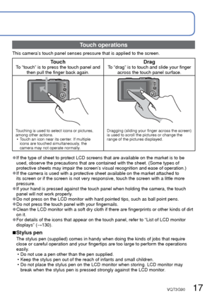 Page 1716   VQT3G90VQT3G90   17
 
How to operate the camera
Mode dialUse this to select the recording mode.
Shutter buttonUse this to focus and record still pictures.
Zoom leverOperate this when zooming in on a distant subject 
to record it larger.
Motion picture buttonRecord motion pictures.
Camera ON/OFF switchUse this to turn the camera’s power on and off.
REC/PLAY switchUse this to select the recording mode or playback 
mode.
[EXPOSURE] buttonOperate this when setting the shutter speed or 
aperture value....