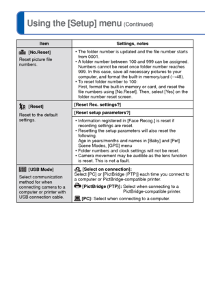 Page 4646   VQT3G90VQT3G90   47
For details about the setting procedure in the [Setup] menu (→38)Using the [Setup] menu (Continued)
ItemSettings, notes
 [No.Reset]
Reset picture file 
numbers.   • The folder number is updated and the file number starts 
from 0001. 
 • A folder number between 100 and 999 can be assigned. Numbers cannot be reset once folder number reaches 
999. In this case, save all necessary pictures to your 
computer, and format the built-in memory/card ( →48).
 • To reset folder number to...
