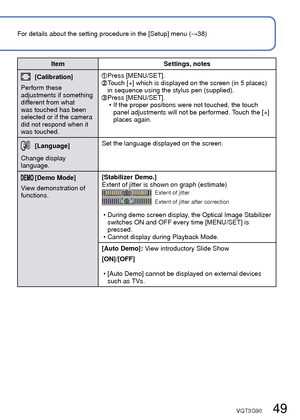 Page 4948   VQT3G90VQT3G90   49
For details about the setting procedure in the [Setup] menu (→38)Using the [Setup] menu (Continued)
ItemSettings, notes
[Rotate Disp.]
Automatically rotate 
portrait still pictures.:   Rotate Display is turned on.:        Rotate Display is turned on for TV output only.
[OFF]
 • [Rotate Disp.] cannot be used with motion pictures.
 • Some pictures taken facing up or facing down may not be rotated automatically.
 • Pictures cannot be rotated during Multi Playback.
 • Will only be...