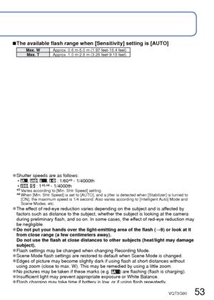 Page 5352   VQT3G90VQT3G90   53
 
Taking pictures with flash
Recording Mode:         
Press ► to display [Flash]
Use cursor button to select the desired type and press [MENU/
SET]
Type, operations Uses[Auto]
 • Automatically judges whether or not to flash Normal use
[Auto/Red-Eye]∗1 • Automatically judges whether or not to flash 
(reduce red-eye) Taking pictures of subjects in dark 
places
[Forced Flash On]
 • Always flash Taking pictures with backlight or 
under bright lighting (e.g. fluorescent)
[Forced...