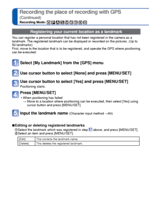 Page 8080   VQT3G90VQT3G90   81
Recording the place of recording with GPS 
(Continued)
Recording Mode:         
For [GPS] menu setting procedures (→38)
Changing the display of location name information
The screen display of location name information found by positioning can\
 be changed.
Select [Area Info. Set] from the [GPS] menu
Use cursor button to select the item for changing display and 
press [MENU/SET]
Use cursor button to turn items to be displayed [ON] and 
items not to be displayed [OFF], and then...