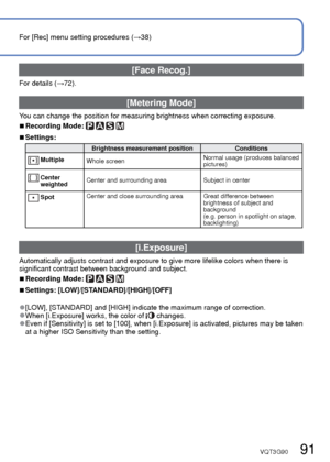 Page 9190   VQT3G90VQT3G90   91
For [Rec] menu setting procedures (→38)Using the [Rec] menu (Continued)
 
●Focus is fixed to  (1-area-focusing) in the following cases: 
[Starry Sky], [Fireworks], [High Speed Movie] Scene Modes 
 
●Use  (1-area-focusing) if focus is difficult to align with  (Spot-focusing). 
●Cannot set to “Face Detection” in the following cases:
[Panorama Assist], [Night Scenery], [Handheld Night Shot], [Food], [Aerial Photo],\
 
[Underwater] Scene Modes
 
●If the camera misinterprets a...