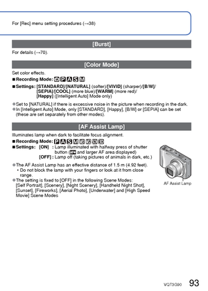 Page 9392   VQT3G90VQT3G90   93
For [Rec] menu setting procedures (→38)Using the [Rec] menu (Continued)
 [Min. Shtr Speed]
Sets shutter speed to minimum. We recommend using slower shutter speeds to take 
brighter pictures in dark locations.
 
■Recording Mode: 
 
■Settings: [AUTO]  [1/250]  [1/125]  [1/60]  [1/30]  [1/15]  [1/8]  [1/4]  [1/2]  [1]
 
●Slower shutter speeds allow for brighter pictures but increase risk of j\
itter, so we 
recommend using a tripod and the self-timer.
 
●As still pictures may become...