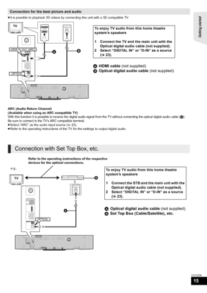 Page 15Getting started 
15
VQT2Z56
≥It is possible to playback 3D videos by connecting this unit with a 3D compatible TV.
ARC (Audio Return Channel)
(Available when using an ARC compatible TV)
With this function it is possible to receive the digital audio signal from the TV without connecting the optical digital audio cable (B). 
Be sure to connect to the TV’s ARC compatible terminal.
≥ Select “ARC” as the audio input source ( >23).
≥ Refer to the operating instructions of the TV for the settings to output...