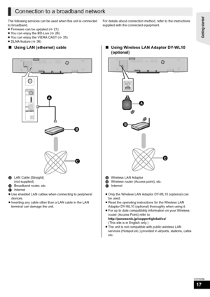 Page 17Getting started 
17
VQT2Z56
The following services can be used when this unit is connected 
to broadband.
≥Firmware can be updated  (>21)
≥ You can enjoy the BD-Live ( >26)
≥ You can enjoy the VIERA CAST ( >35)
≥ DLNA feature ( >36) For details about connection method, refer to the instructions 
supplied with the connected equipment.
Connection to a broadband network
∫
Using LAN (ethernet) cable ∫Using Wireless LAN Adaptor DY-WL10 
(optional)
A LAN Cable [Straight]
(not supplied)
B Broadband router,...