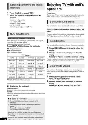 Page 3030
VQT2Z56
1Press [RADIO] to select “FM”.
2Press the number buttons to select the 
channel.
To select a 1-digit number
e.g., 1: [1]B[OK].
To select a 2-digit number
e.g., 12: [1] B[2].
Alternatively, press [ W,X ] or [2 ,1].
[For[the[United[Kingdom[and[Republic[of[Ireland[
If the station you are listening to is transmitting RDS signals, 
“RDS” will light up on the display.
While listening to the radio broadcast
Press [DISPLAY] to display the text data.
PS: Programme service
PTY: Programme type
OFF :...