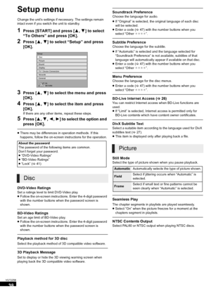 Page 3838
VQT2Z56
Setup menu
Change the unit’s settings if necessary. The settings remain 
intact even if you switch the unit to standby.
1Press [START] and press [3,4 ] to select 
“To Others” and press [OK].
2Press [ 3,4] to select “Setup” and press 
[OK].
3Press [ 3,4] to select the menu and press 
[OK].
4Press [ 3,4] to select the item and press 
[OK].
If there are any other items, repeat these steps.
5Press [ 3,4 ,2 ,1] to select the option and 
press [OK].
≥ There may be differences in operation methods....