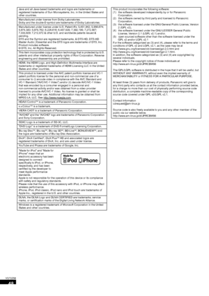 Page 4848
VQT2Z56
Java and all Java-based trademarks and logos are trademarks or 
registered trademarks of Sun Microsystems, Inc. in the United States and 
other countries.
Manufactured under license from Dolby Laboratories.
Dolby and the double-D symbol are trademarks of Dolby Laboratories.
Manufactured under license under U.S. Patent #’s: 5,451,942; 5,956,674; 
5,974,380; 5,978,762; 6,226,616; 6,487,535; 7,392,195; 7,272,567; 
7,333,929; 7,212,872 & other U.S. and worldwide patents issued & 
pending.
DTS and...