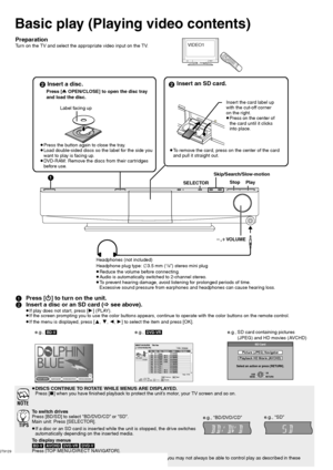 Page 1414
RQT9129
Basic play (Playing video contents)
PreparationTurn on the TV and select the appropriate video input on the TV.VIDEO1



Skip/Search/Slow-motion
SELECTORStop
Play
`,_VO L U ME
Headphones (not included)
Headphone plug type: ‰3.5 mm (
1/8z) stereo mini plug
≥Reduce the volume before connecting.
≥Audio is automatically switched to 2-channel stereo.
≥To  p r event hearing damage, avoid listening for prolonged periods of time.
Excessive sound pressure from earphones and headphones can cause...