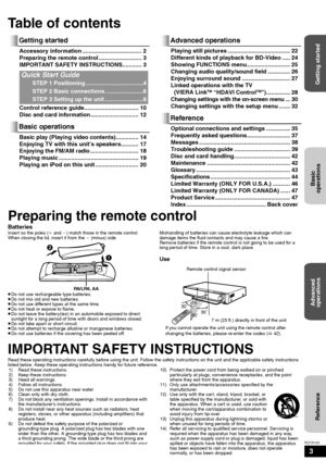 Page 33
RQT9129
Table of contents
Accessory information ..................................... 2
Preparing the remote control ........................... 3
IMPORTANT SAFETY INSTRUCTIONS............ 3
Control reference guide.................................. 10
Disc and card information .............................. 12
Basic play (Playing video contents) .............. 14
Enjoying TV with this unit’s speakers........... 17
Enjoying the FM/AM radio .............................. 18
Playing music...